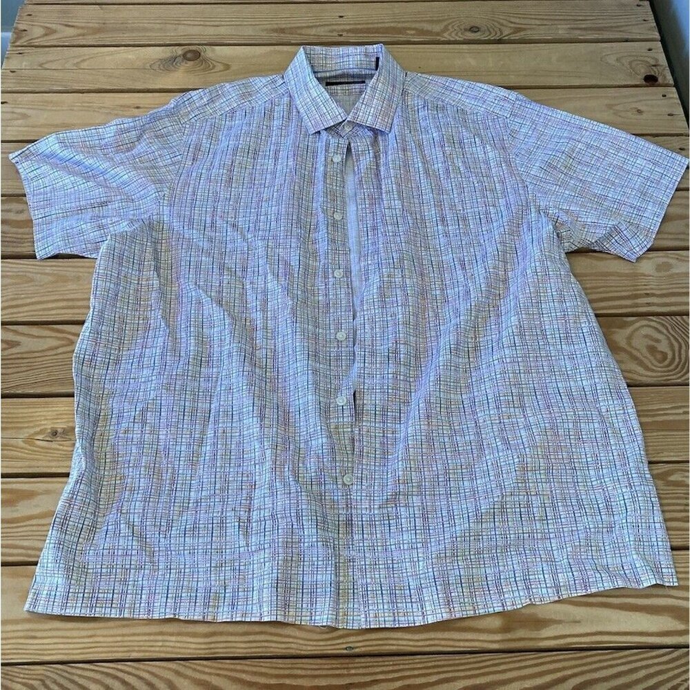 Hart Schaffner Marx Check Button Up Shirt Size XL Men’s Rainbow Short Sleeve